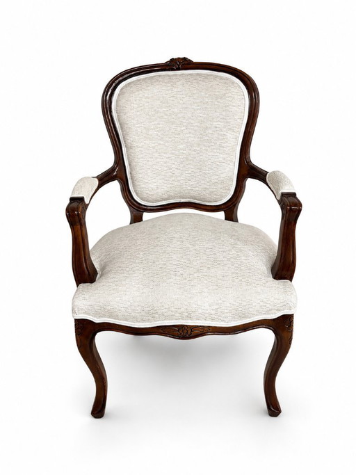 Restored Louis XV Style Armchair with Carved Wood and Light Upholstery