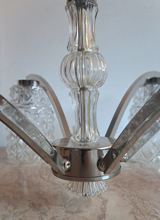 Image 1 of Lampadario vintage a 6 bracci in vetro e metallo, lampada a sospensione con attacco normale