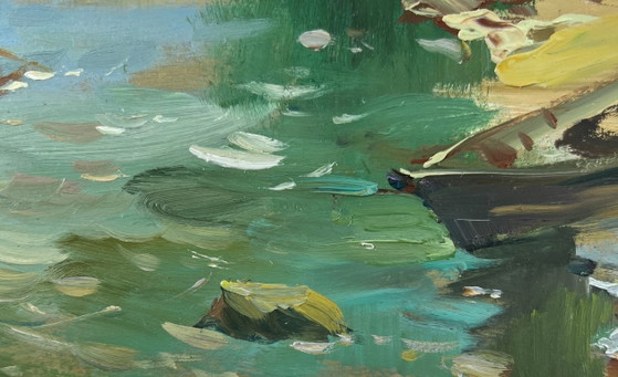 Image 1 of Original Oil Painting Summer Beach Landscape Boat near the shore
