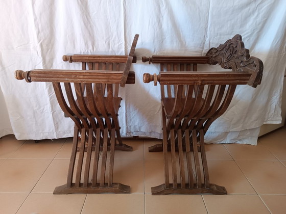 Pair of Savonarola chairs 50s (Italy), Folding chairs, Wood, Brown, Barok (photo 10 of 15)