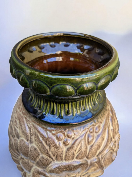 Image 1 of Scheurich 287-41 - grande vaso di metà secolo, ceramica vintage marrone chiaro con decoro floreale, Germania Ovest anni '60/