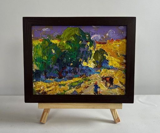 Original Oil Painting Summer Field Landscape Walking a cow in a field