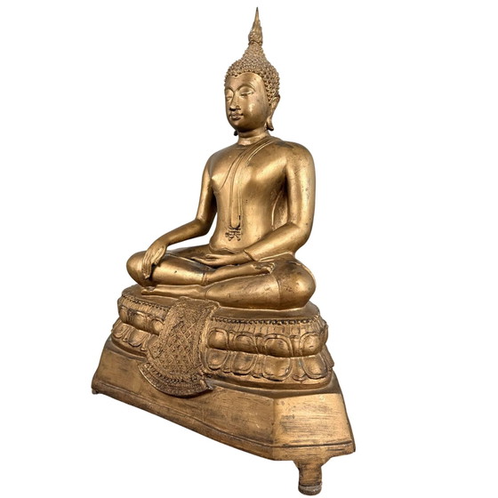 Thailändischer vergoldeter Bronze-Buddha auf Lotussockel – ca. 1920 – H 55 cm – Bildhauerei (photo 8 of 10)