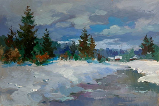 Image 1 of Originales Ölgemälde: Winterliche Flusslandschaft, Fluss unter einer Schneedecke