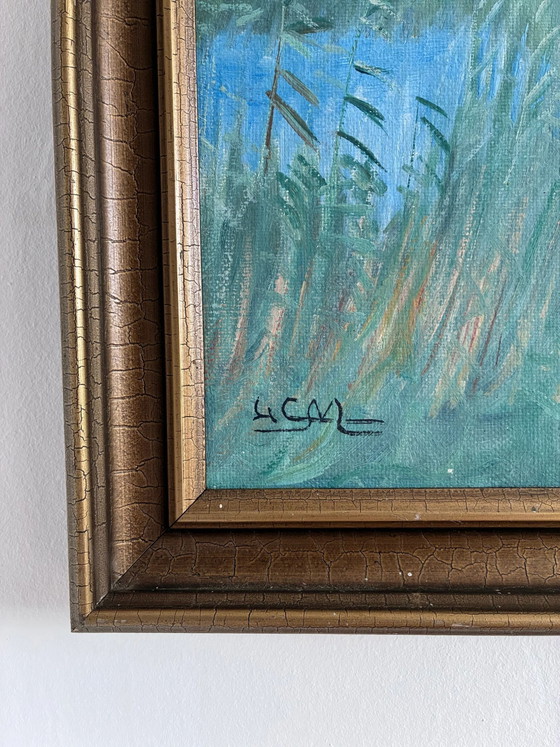 Image 1 of Grande peinture à l'huile originale vintage représentant un paysage avec un chien