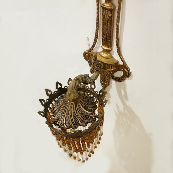 Image 1 of PAIR OF ART NOUVEAU BRASS LAMPS / WALL SCONCES WITH BEADS