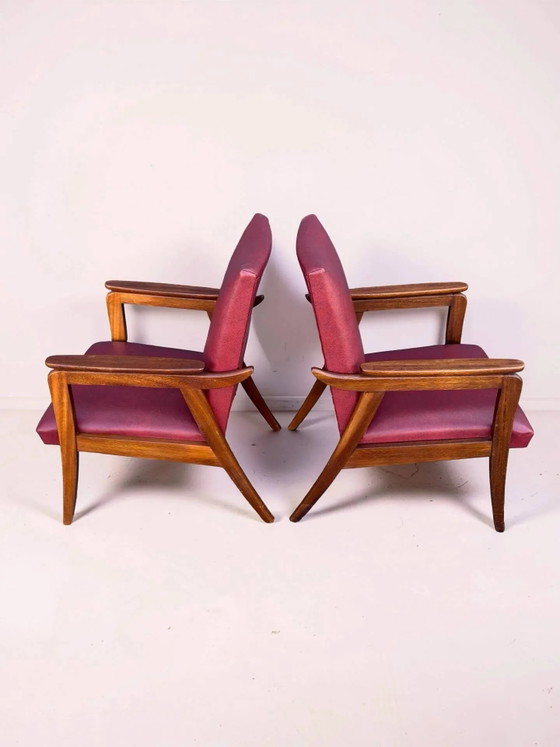 Vintage design armchair set – red skai and teak (1960s) (photo 3 of 13)
