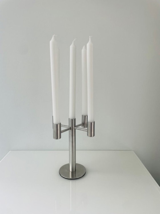 Portacandele a cinque braccia in acciaio inossidabile spazzolato, design moderno, rvs, Argentato (foto 2 di 7)