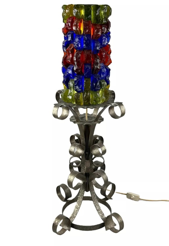 Image 1 of 60s 70s Brutalistische vloerlamp ijzer & glas vloerlamp Mid Century