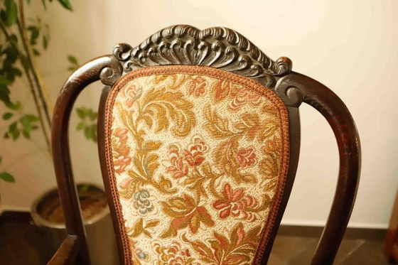 Image 1 of Antique Queen Anne Revival Carver Armchair with Floral Tapestry Upholstery 