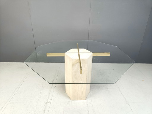 Vintage Octagonal Travertine And Brass Dining Table By Artedi, 1970S