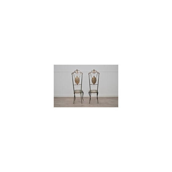 Image 1 of Pair of vintage patinated brass, wrought iron and velvet side chairs, 1970s