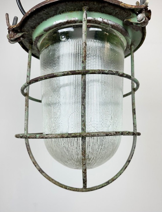 Image 1 of Green Industrial Soviet Bunker Pendant Light with Iron Grid, 1960s