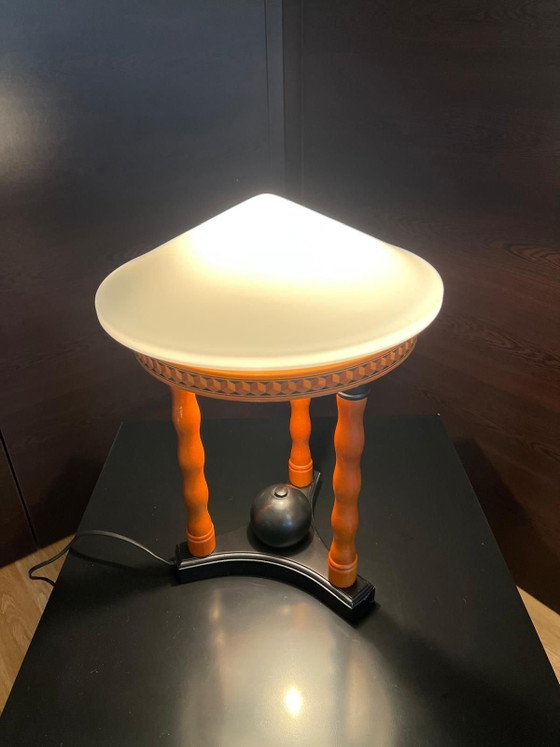 Temde Leuchten Lamp - Turned wood and RARE conical white opal glass shade, Table lamps, Beige (photo 8 of 8)