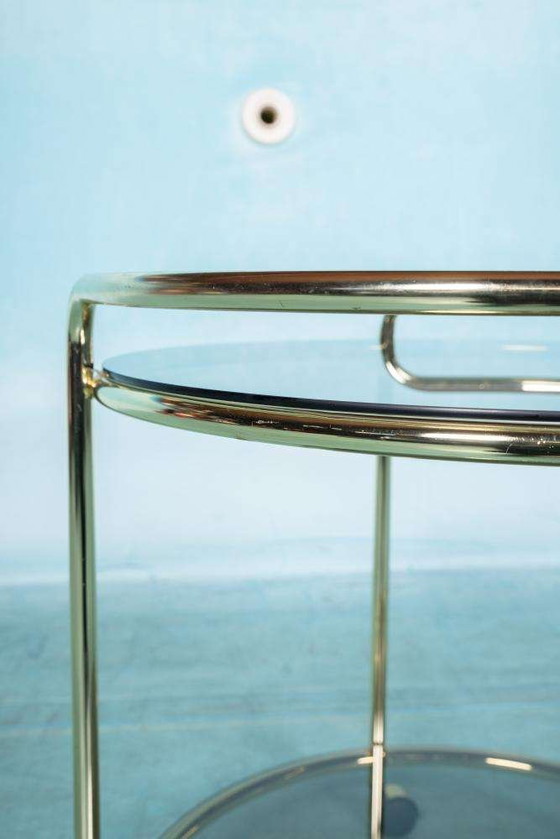 Image 1 of Vintage trolley brass & smoked glass Space age bar cart brass