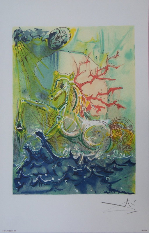 Salvador Dali: The Horses, Neptune, Signed Lithograph – lithos zeefdrukken, Paper