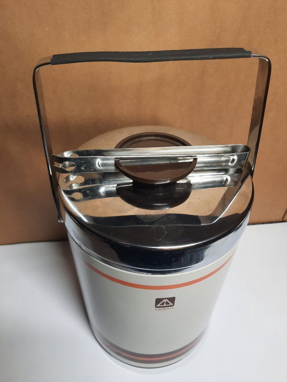 Image 1 of Vintage 1970s Himalaya Ice Jar – Retro Orange Stripes Ice Bucket with Tongs – Mid-Century Bar Essential
