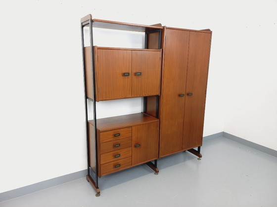 Image 1 of Vintage Italian teak and metal double modular bookshelf from the 60s