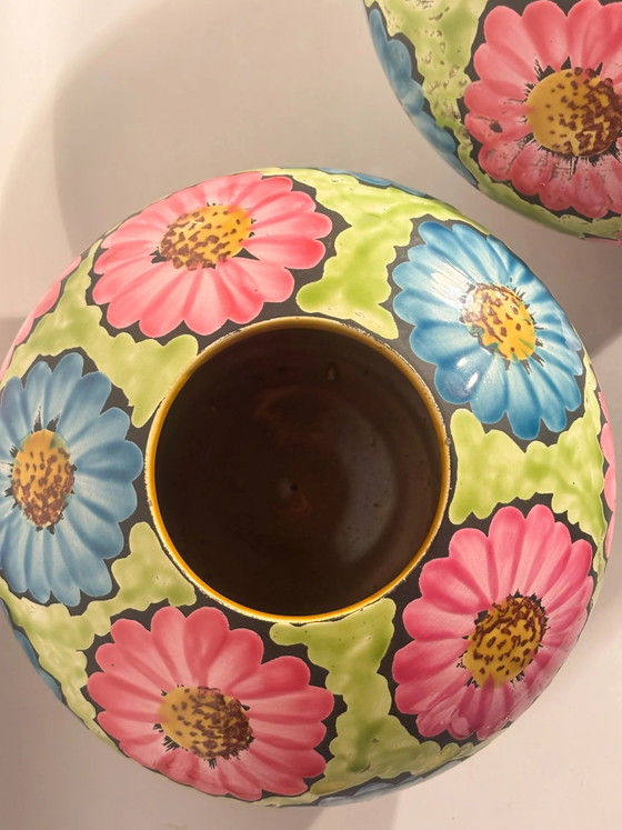 Pair of Hand-Painted Ceramic Vases with 60s Flower Power Floral Motifs (photo 6 of 17)