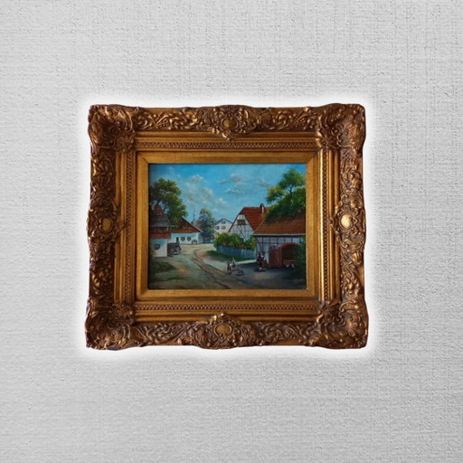 ORIGINAL Ölgemälde auf Holzplatte inkl. Rahmen | Fachwerkhäuser/Dorf | Signiert