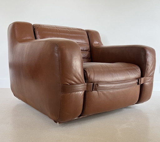 Fauteuil prototype en simili cuir marron par Michel Ducaroy, France années 70