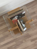 Side table made of veneered oak and tempered glass