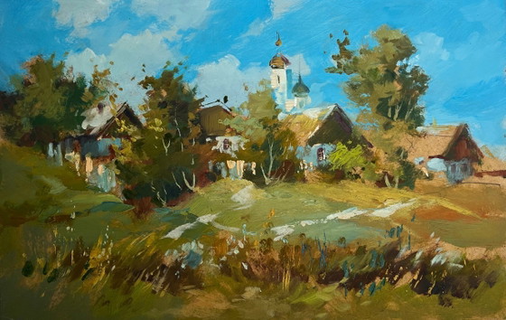 Image 1 of Dipinto ad olio originale: Paesaggio estivo di un villaggio. Veduta del villaggio e della chiesa.