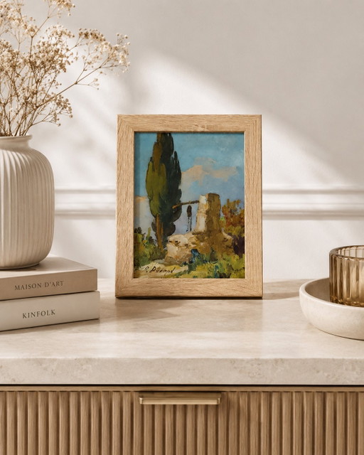 Antiek olieverfschilderij op paneel, Provençaals landschap, P. Durand, jaren 1940-1950