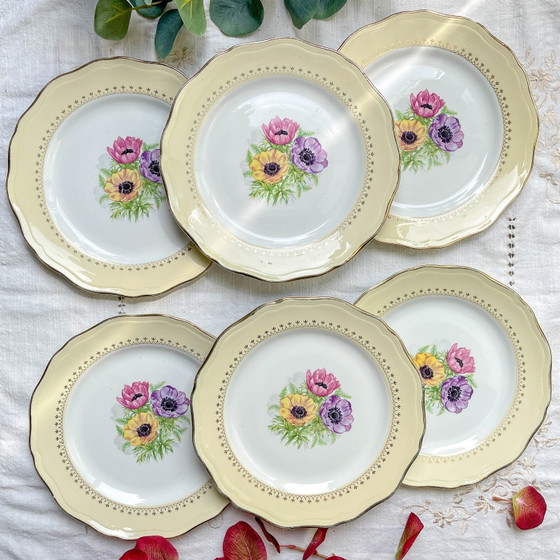 Vintage Porseleinen Dinerborden met Wit, Geel & Gouden Bloemenpatroon, L'Amandinoise "Coopélia" - Vintage (photo 12 of 16)