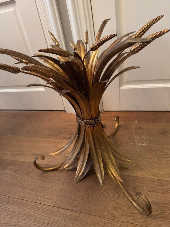 Hollywood Regency Side tables with golden grain motif, Metal, Glass (photo 7 of 10)
