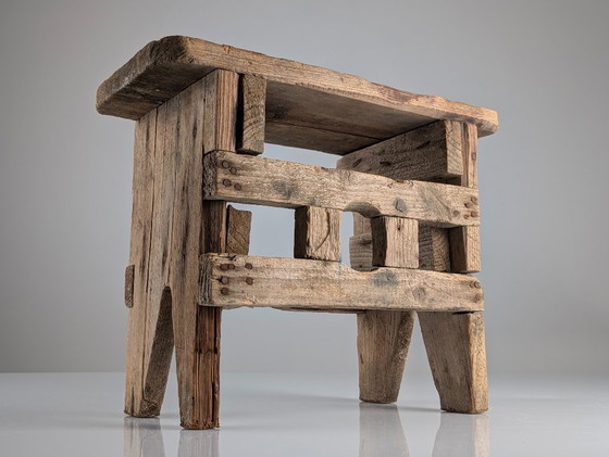 Image 1 of Antique Wood Stool, Wabi Sabi Style, Old Artisan Craftsmanship