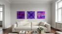 Opera da esposizione – Pittura a campi di colore Bauhaus con geometria viola | 180 × 60 cm | ciascuna 60x60 cm 5 mm vetro acrili