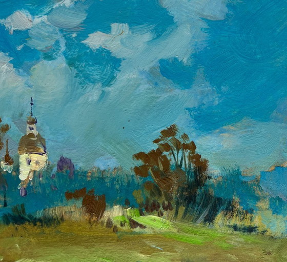 Image 1 of Original Oil Painting Summer Church Landscape A lonely boat among the reeds