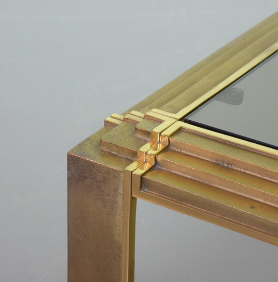 Image 1 of Hollywood Regency Solid Brass Square Coffee Table with Smokey Glass Top Attributed to Peter Ghyczy, 1970s. 