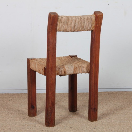 Image 1 of Stoel van massief hout met rieten zitting, Frans vakmanschap, 1950