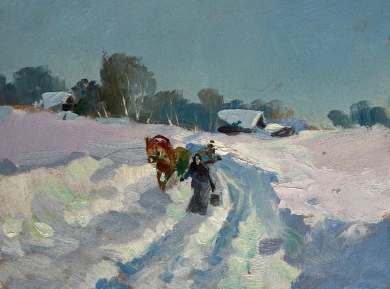 Image 1 of Original Oil Painting Winter Field Landscape Winter journey with a horse