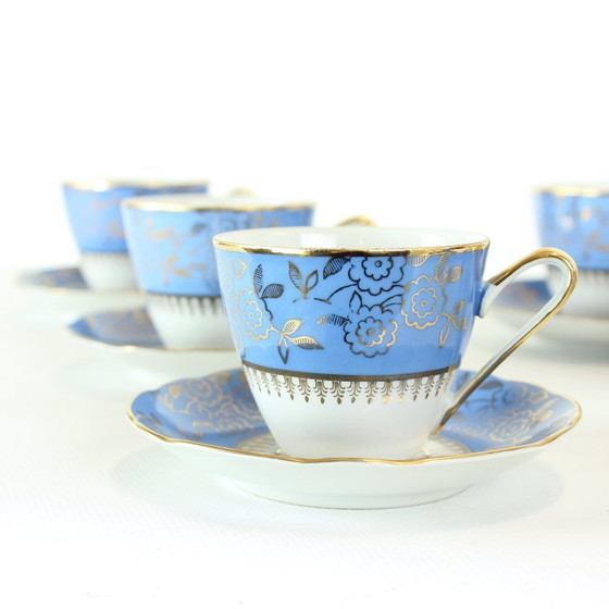 Image 1 of Set da tè vintage in porcellana blu e oro di Stará Role, Cecoslovacchia, anni '50