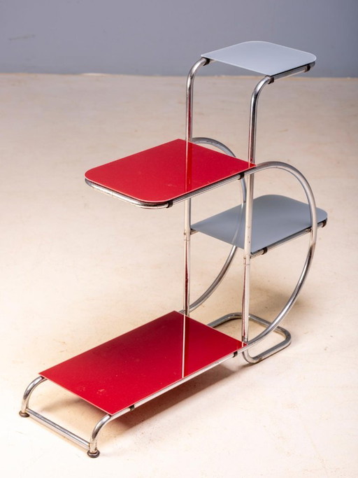 Bauhaus Tubular Steel Plant Stand by Emile Guyot for Thonet, Colored Glass Shelves, 1930s, Czechoslovakia, 90 (photo 2 of 6)