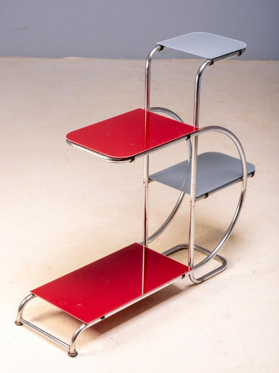 Bauhaus Tubular Steel Plant Stand by Emile Guyot for Thonet, Colored Glass Shelves, 1930s, Czechoslovakia, 90 (photo 2 of 6)
