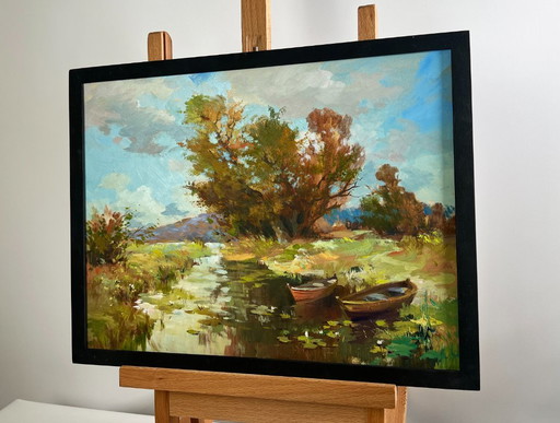Original Oil Painting Autumn River Landscape A moment of silence by the river