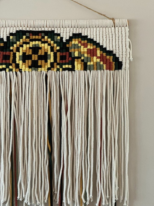 XL Textile Art | Arazzo in macramè con motivo Pixel intrecciato | Design boemo