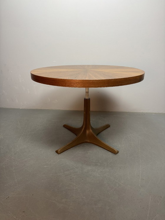 Image 1 of Mid-Century Design Round Adjustable Wooden Veneer Coffee / Dining Table by Ilse Möbel with Solid Centered Pedestal, Germany 1960