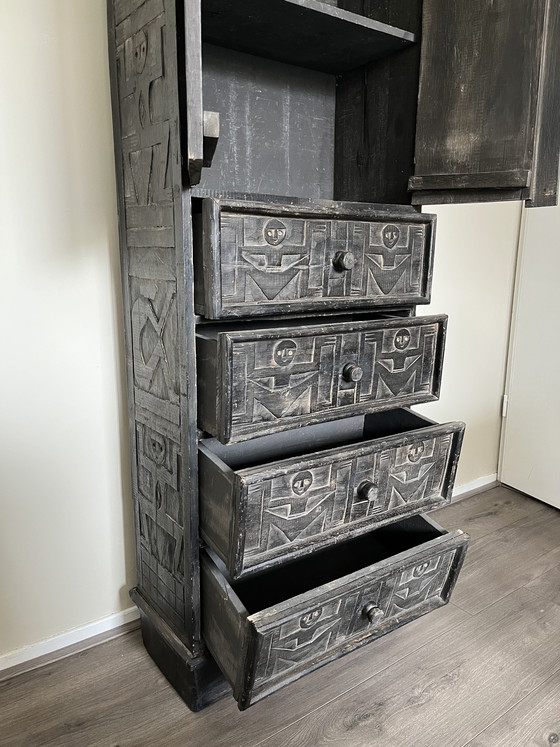 Image 1 of Vintage hand-carved black wooden chest 