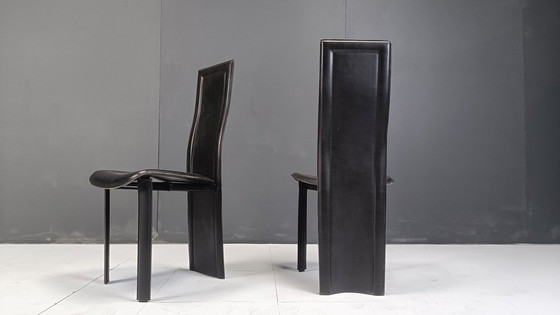 Image 1 of Schwarze Leder-Esszimmerstühle mit hoher Rückenlehne, Satz von 6, 1980er Jahre