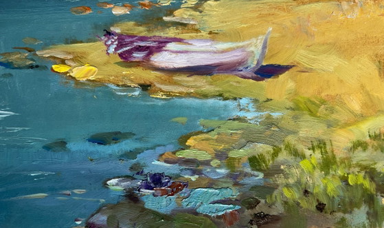 Image 1 of Origineel olieverfschilderij: Zomerkustlandschap, bewolkte dag op zee