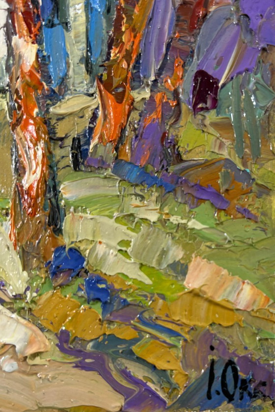 Image 1 of Peinture à l'huile originale, paysage d'arbres d'été, promenade dans le parc