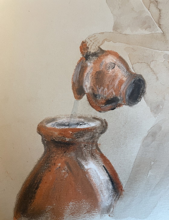 Image 1 of Ritratto di donna e natura morta in stile orientalista con acquerello pastello