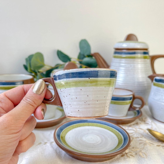 Servizio da caffè vintage in gres maculato grigio anni '50 con strisce verdi e blu - Tazze da caffè vintage (photo 7 of 14)