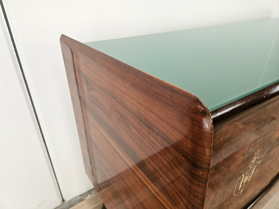 Image 1 of Mid-century mahogany sideboard from the 1950s with aqua green glass and a central bar compartment