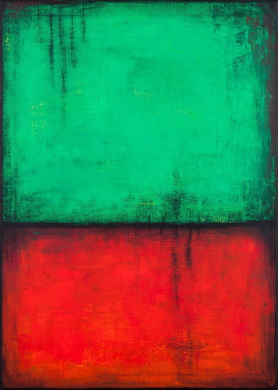 Image 1 of Peinture abstraite moderne à l'acrylique verte et rouge sur toile tendue